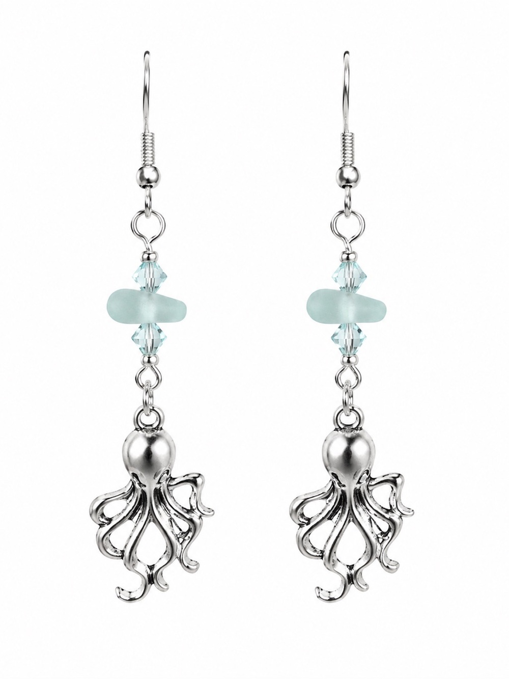 Silver Octopus With Sea Glass and Light Turquoise Crystal Dangle Earrings